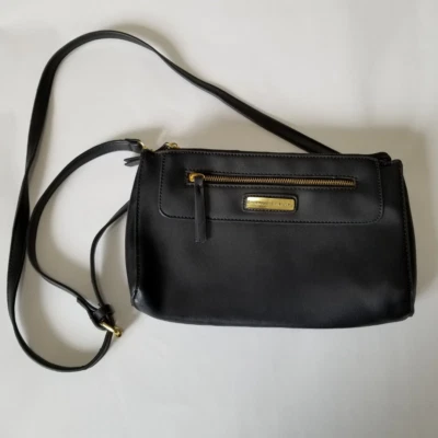 Adrienne Vittadini Black Faux Leather Crossbody Bag Purse w/ Gold Accents  - Image 1 of 4