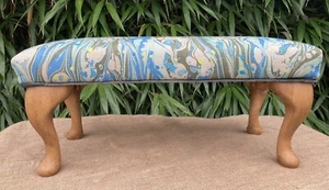 Hand Crafted Blue Linen Designer Guild Fabric Footstool -Queen Anne Wooden Legs - Picture 1 of 7