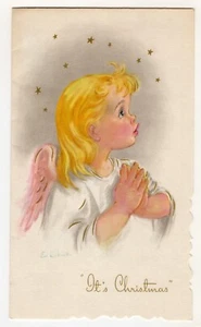 Used Vintage Eve Rockwell Blonde Angel Praying It's Christmas Greeting Card - Picture 1 of 3