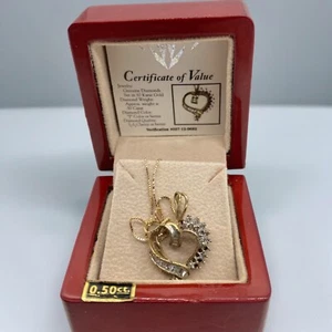 VTG Heart Pendant 10K Gold and Baguette Diamonds Broken Chain Original Wood Box - Picture 1 of 16