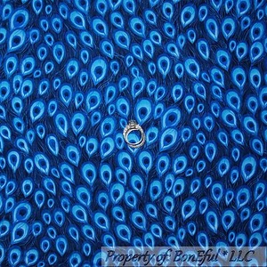 BonEful Fabric Cotton Quilt Blue Tonal PEACOCK Bird Flower Feather Print 1 SCRAP - Picture 1 of 14