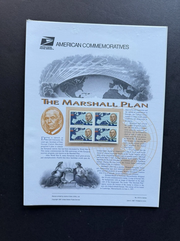 US 1997 Commemorative Panel (515) Marshall Plan +MNH #3141 +Info Panel +Historic - Image 1 of 1