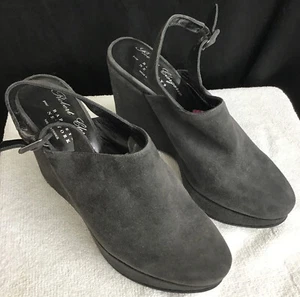 Robert Clergerie Clog Dark Gray Suede Buckle Sling Back Strap Wedge 7 - Picture 1 of 12