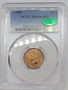 1906 Indian Head Cent PCGS + CAC MS-64+ RD Green Bean - Lustrous Beautiful Coin! - Picture 1 of 4