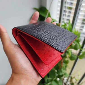 Men's Card Holder Wallet, Real Ostrich Leather Skin, Black/Red Doubleside RFID - Picture 1 of 7