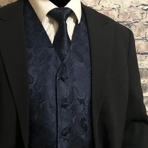 NAVY BLUE XS to 6XL Paisley Tuxedo Suit Dress Vest Waistcoat & Neck tie wedding - Picture 1 of 4