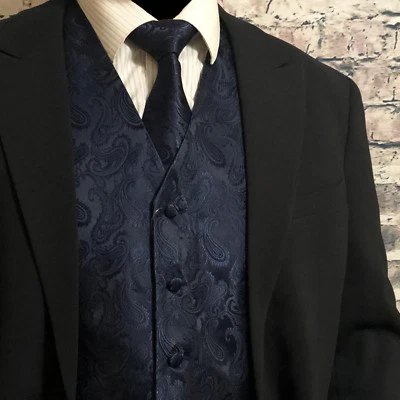 NAVY BLUE XS to 6XL Paisley Tuxedo Suit Dress Vest Waistcoat & Neck tie wedding - Image 1 of 4