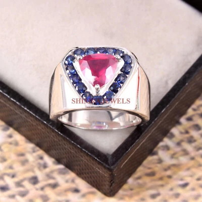 Piedras preciosas de rubí térmico y zafiro azul con anillo de plata de ley 925 para hombre #109 Foto 1 de 3