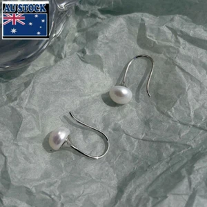 1 Pair Woman Real s925 Sterling Silver Freshwater Pearl Earring Hook Dangle Drop - Picture 1 of 4