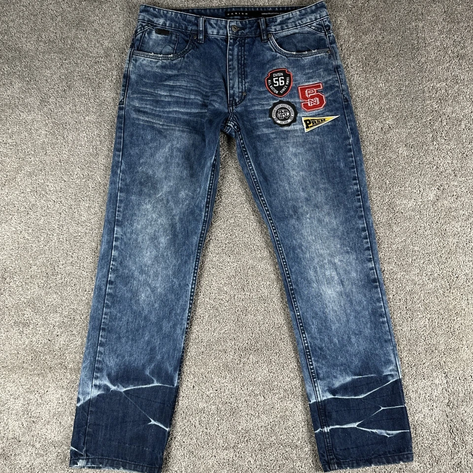 Parish Nation Jeans Mens 34x32 Blue Whiskered Faded Denim Tapered Leg Streetwear - Image 1 of 4