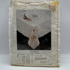 Floral Sonata Embroidered Oval Table Cloth 68”x 120” White 100% Cotton NEW - Picture 1 of 11