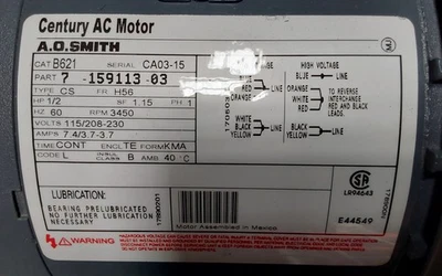 AO SMITH 1/2 HP 3600 H56 TE SINGLE PHASE B621 LOCATION F-2 - Image 1 of 4