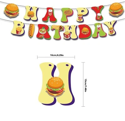 Burger Banner Fast Food Bunting Hot Dog Pizza Birthday Party Decoration - Image 1 of 3