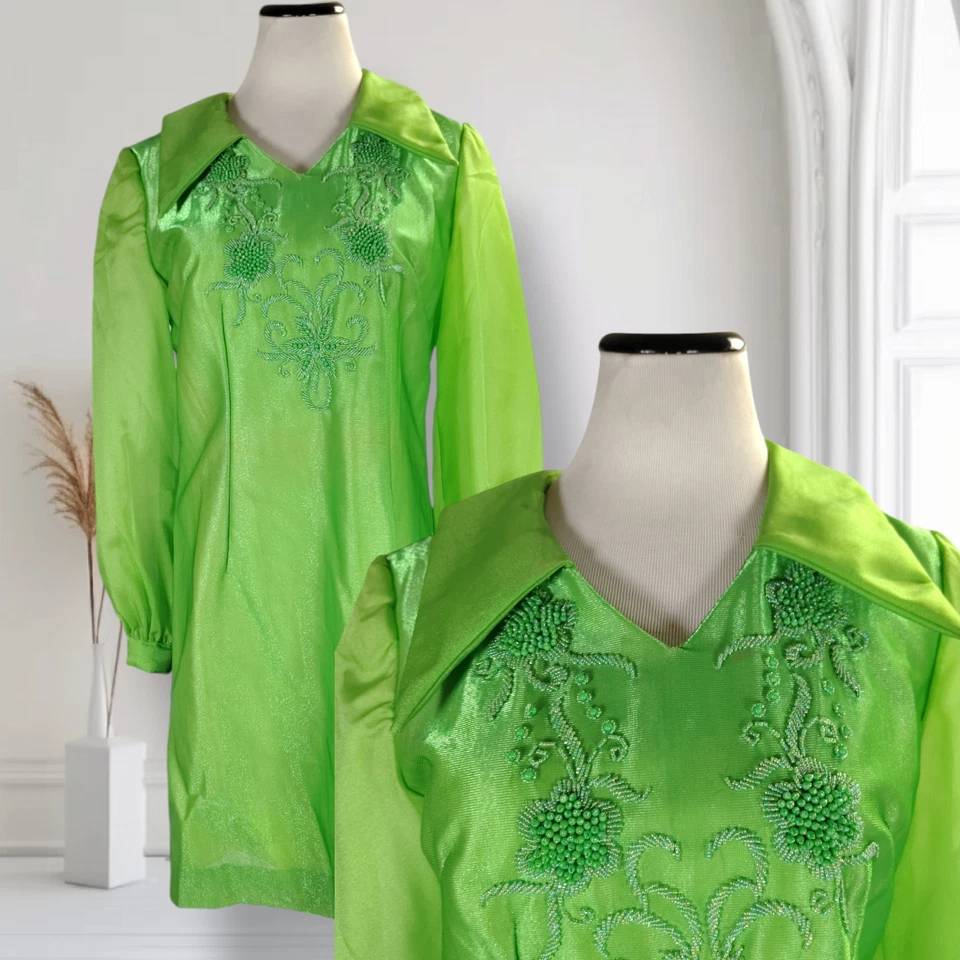 Винтажный 70-х бисером лайм зеленый мини-платье размер 10 чистый шар рукав Shift - Изображение 1 из 4