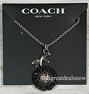 "Collar Coach Jet Flower C 7835 una sola flor cristal negro tono plata 18""" Foto 1 de 4