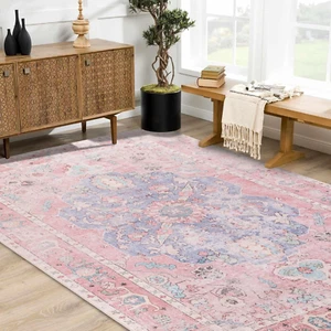 6X9 Medallion Area Rug Non Slip Soft Faux Wool Machine Washable Pink Carpet - Picture 1 of 12