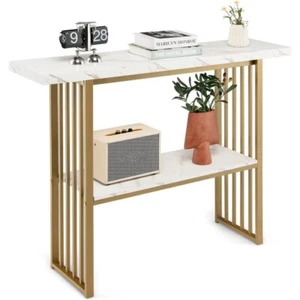 120cm Faux Marble Console Table – 2-Tier Gold Frame Hallway Display Unit - Picture 1 of 12