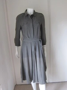 HOBBS Pure Silk Dark Khaki/Grey Button - roll up sleeve Midi Dress Size 10 - Picture 1 of 12