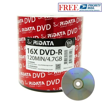 100 Pack Ridata DVD-R 16X 4.7GB 120 Min Silver Logo Top Blank Recordable Disc - Image 1 of 3