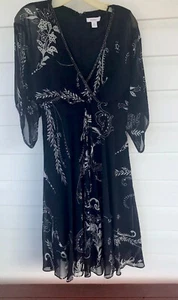 Dress Barn Size 10 Chiffon Sequins Blue Floral Evening Dress Bell Sleeve - Picture 1 of 5