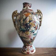 SATSUMA Ware 12.8 inch Vase SAMURAI Pattern Japanese Antique MEIJI Era Old Art
