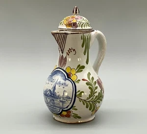 Exquisite 18thC Dutch Delft Faience Espresso Coffee Pot Manganese & Polychrome - Picture 1 of 14