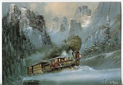 NEW LEANIN' TREE Christmas Card 7.25x5.5 TRAIN by Ted Blaylock Snowy Mountains - Image 1 of 3