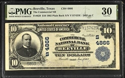 1902 $10 BEEVILLE, Texas Commercial National Bank CH 4866 PMG 30 SCARCE - Image 1 of 2