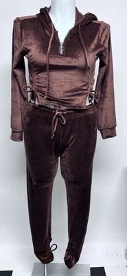 Chándal de terciopelo estilo Y2k para mujer XL sudadera con capucha pantalones cortos acanalados marrón chocolate Foto 1 de 4