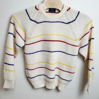 Vintage Mens Medium Arrow Blazer Collection Cream Striped Waffle Knit Sweater - Image 1 of 4