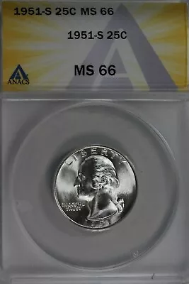 1951-S  .25   ANACS   MS 66  Washington Quarter, Silver 25 Cents (0.25) - Image 1 of 2