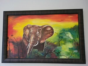 32 1/2 x 21 African Elephant Grazing Sunset Acrylic Painting- Custom framed OOAK - Picture 1 of 2
