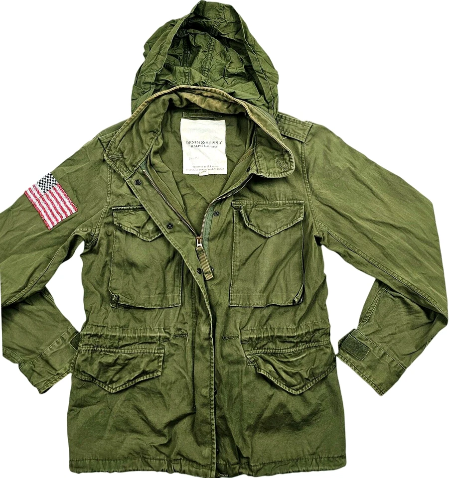 *LO ÚLTIMO UNISEX DENIM SUPPLY RALPH LAUREN M65 PARKA CON CAPUCHA BANDERA Polo OLIVE Chaqueta XS Foto 1 de 4
