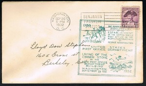 U S Cover, 9-26-32 100th Anniv of US Post Office, Washington D.C. B Franklin Sta