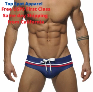 Men's Swim Briefs White and Red Stripes Bathing Suit for Beach Vacation Swimwear - Picture 1 of 11