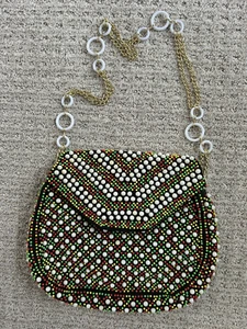 Vintage Retro 70's Purse Shoulder Bag Beaded Chain Strap Hong Kong WOW! - Picture 1 of 4