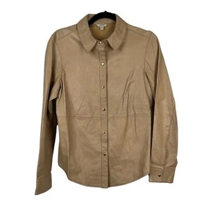 GUESS Vintage 100% Lamb Leather Tan Button Up Shirt Gold Buttons Women's Size S - Picture 1 of 14