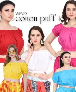 Women's Cotton Summer Crop Top Puff Sleeve Off Shoulder Casual Top 5pcs set - Picture 1 of 13