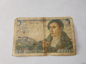 FRANCE  1943 - 5 CINQ FRANCS-WWII ISSUE BANQUE DE FRANCE CIR. Paper money - Picture 1 of 3