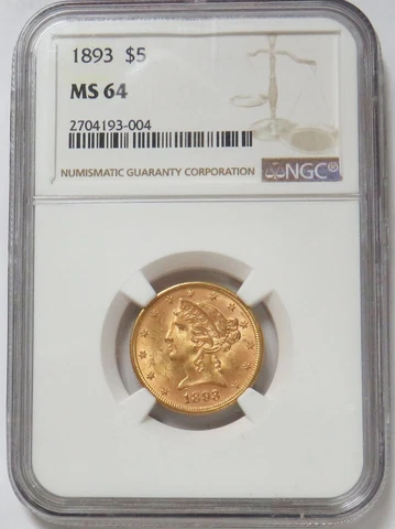 1893 GOLD USA $5 LIBERTY HEAD HALF EAGLE COIN NGC MINT STATE 64 Cover