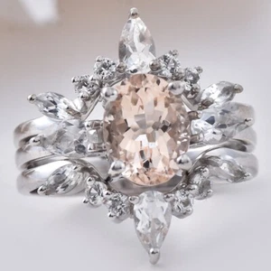 NATURAL MORGANITE,WHITE TOPAZ STACKED RHODIUM PLATED 925SILVER RING JEWELRY GIFT - Picture 1 of 10