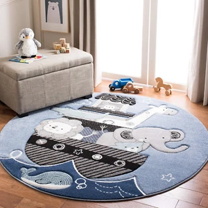 Carousel Kids Collection 4' round Blue/Grey CRK121B Animal Nursery Playroom Area - Picture 1 of 5