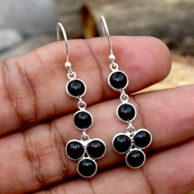 Onice Nera Pietra Naturale Rotondo 925 Argento Sterling Mano Orecchini Pendenti - Immagine 1 di 4