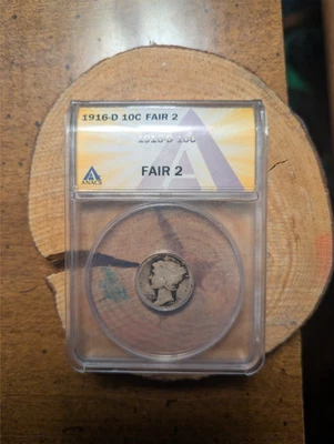 1916-D Fair 2 Mercury Dime Graded by ANACS (key Date!) - Image 1 of 3
