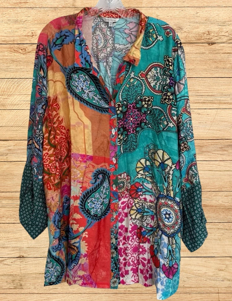 John Mark Women’s Tunic Top Size Medium Mixed Print Paisley Boho Artsy Button Up - Image 1 of 1