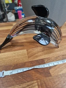 Vintage Murano Glass Leaping Dolphin In Clear Glass With Black Stripes - Picture 1 of 7