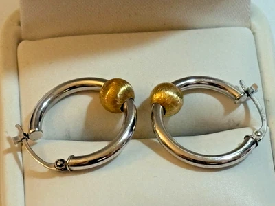 14k Solid White Yellow Gold Ball Round Hoop Earrings 1.15g Pierced 18mm Wide - Image 1 of 4