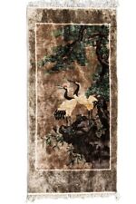 vintage 20th Rare handmade Chinese silk rug with a pair of cranes 136x66 cm