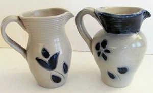 lot of 2 Williamsburg Pottery Pitcher Salt Glaze Cobalt Blue Leaf Design Creamer - Picture 1 of 11