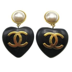 Chanel Artificial Pearl Dangle Heart Earrings Clip-On Black 28 29137